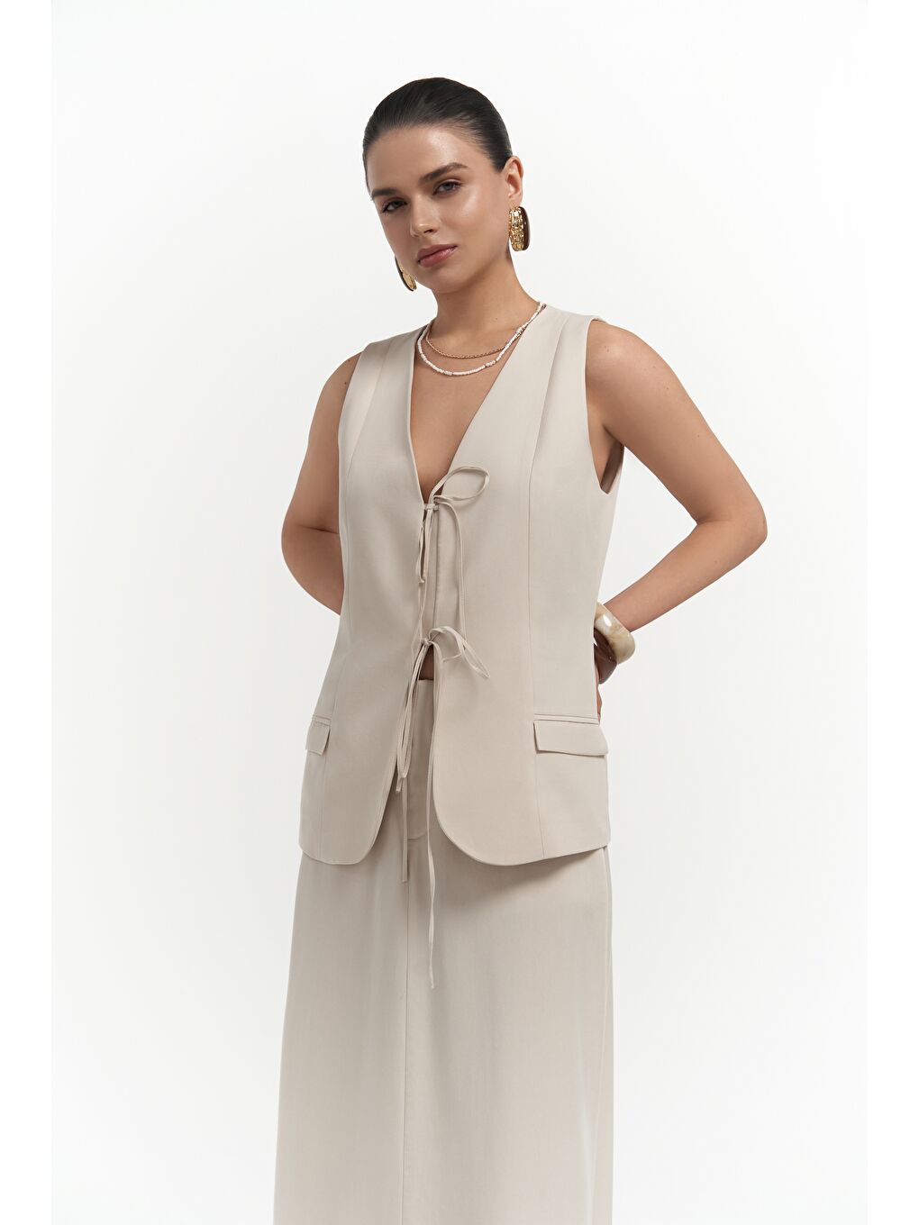 Bej Korben Yelek Etek Taş Takım-1