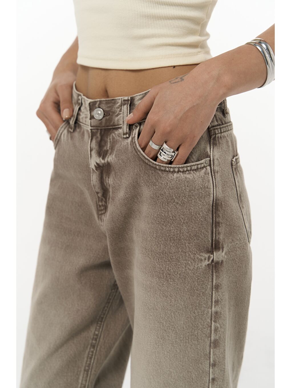 Kahverengi Volme Yıkamalı Kahve Jean Pantolon-6