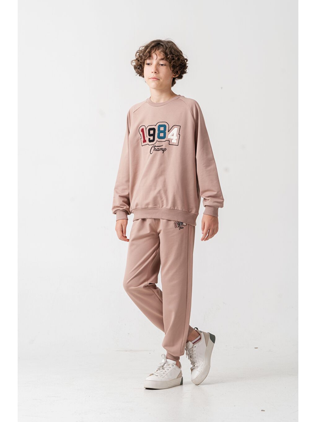 Bej 1984 Champ Aplike Nakışlı Baskılı Erkek Çocuk Alt Üst Eşofman Takımı-1