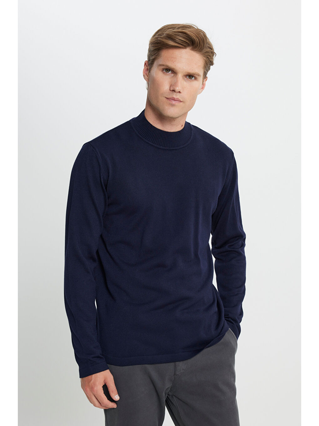 Erkek Lacivert Tüylenme Yapmayan Anti-Pilling Standart Fit Yarım Balıkçı Yaka Triko Kazak-2