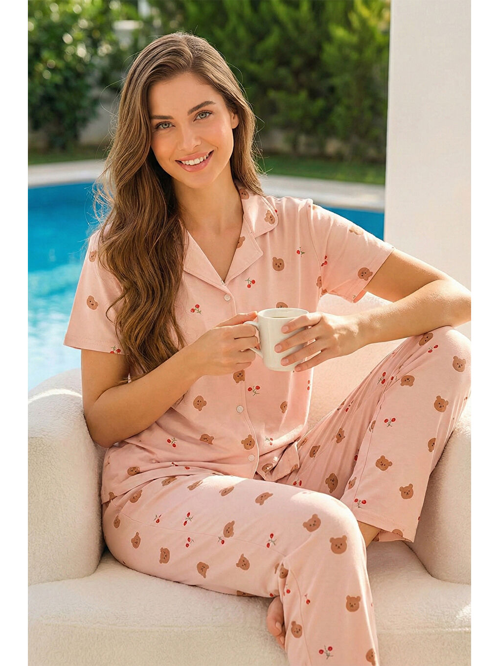 Pembe Kadın Kısa Kol Milan Kumaş Pijama Takımı 50101-1903 Somon03-1