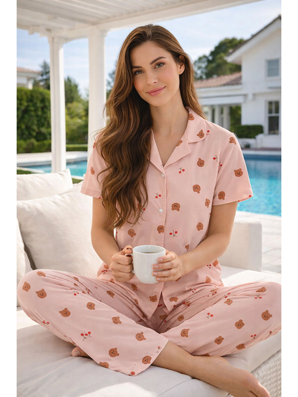 Pembe Kadın Kısa Kol Milan Kumaş Pijama Takımı 50101-1903 Somon03-2