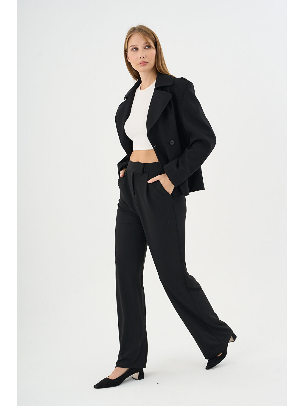 Kadın Oversize Kruvaze Kaşe Mont Ceket Siyah