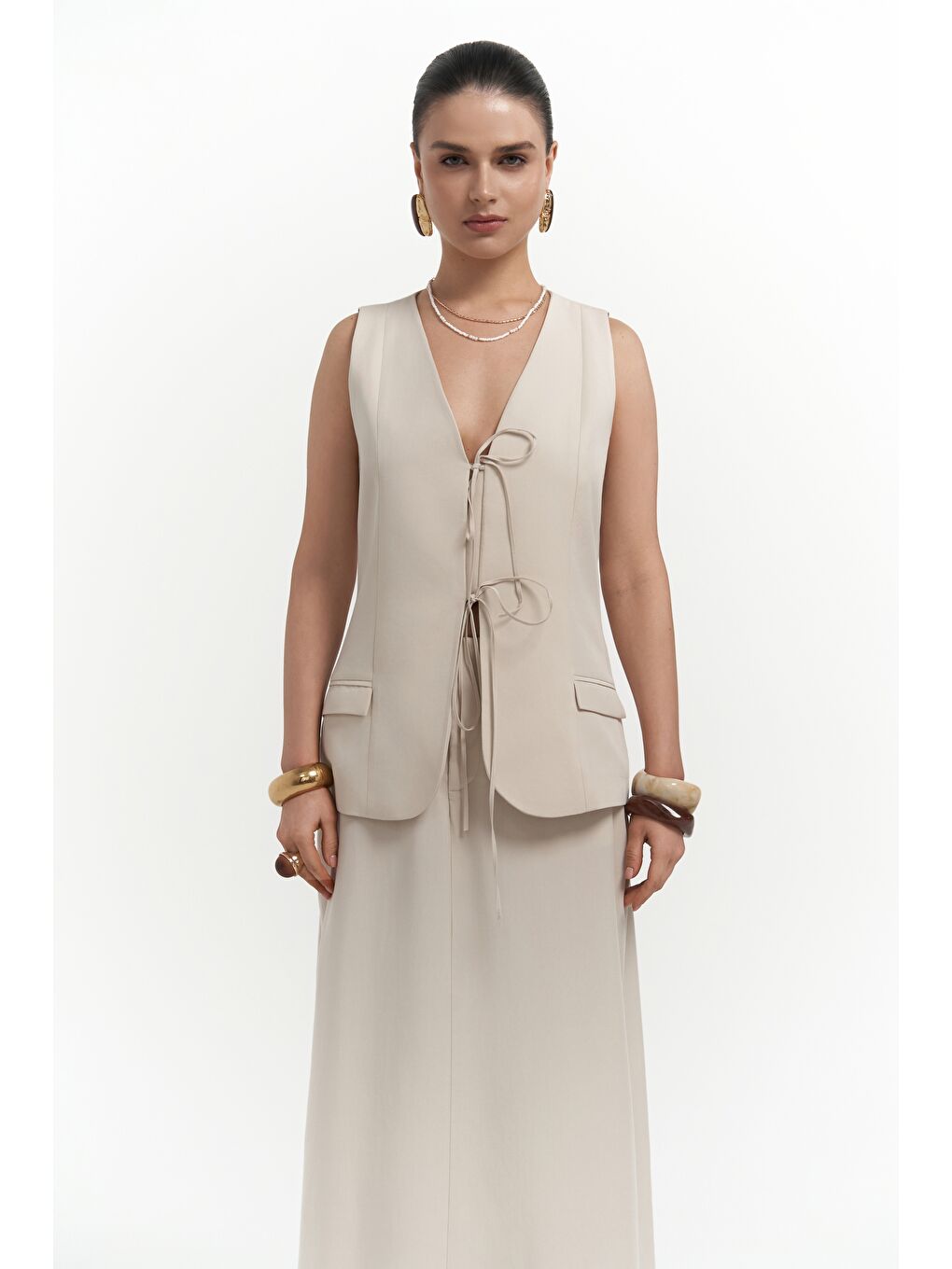 Bej Korben Yelek Etek Taş Takım-6