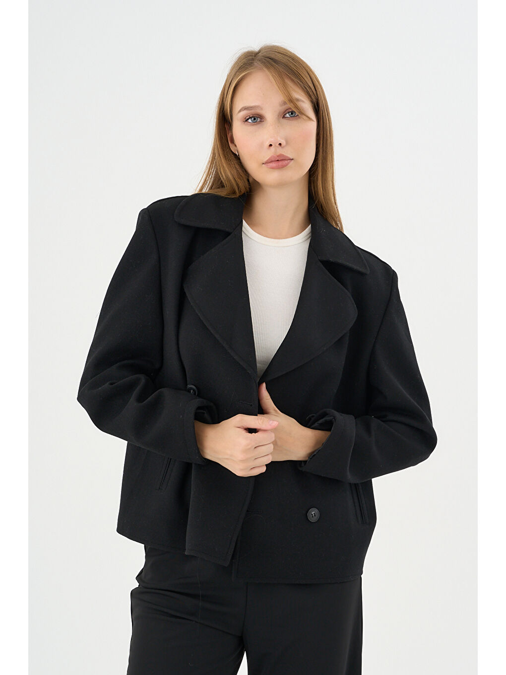 Kadın Oversize Kruvaze Kaşe Mont Ceket Siyah-1