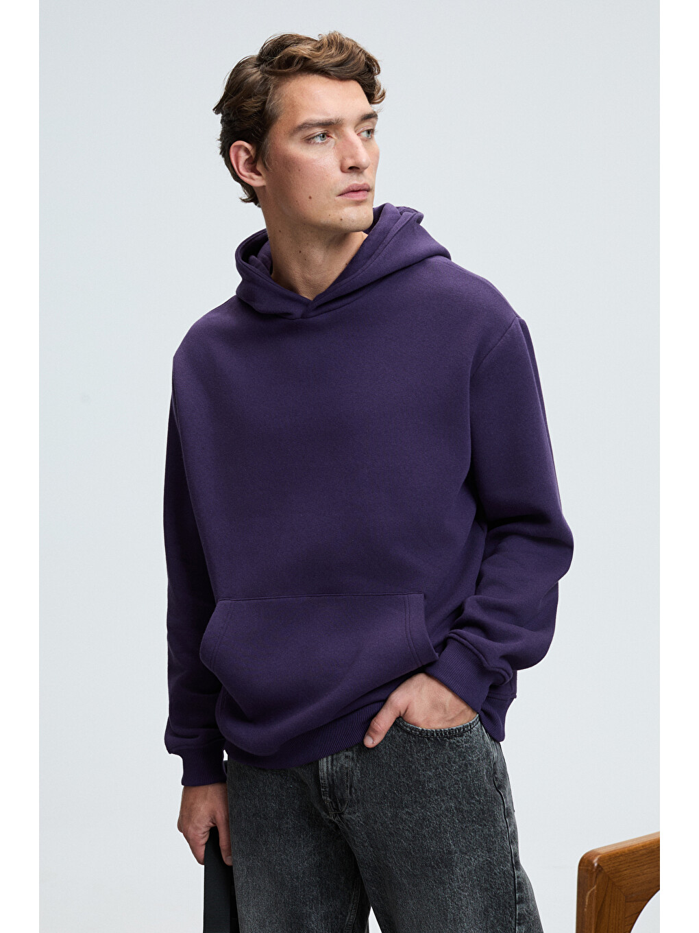 Amos Erkek Yumuşak Kumaşlı 3 İplik Oversize Kapüşonlu Kanguru Cepli Mor Sweatshirt-3