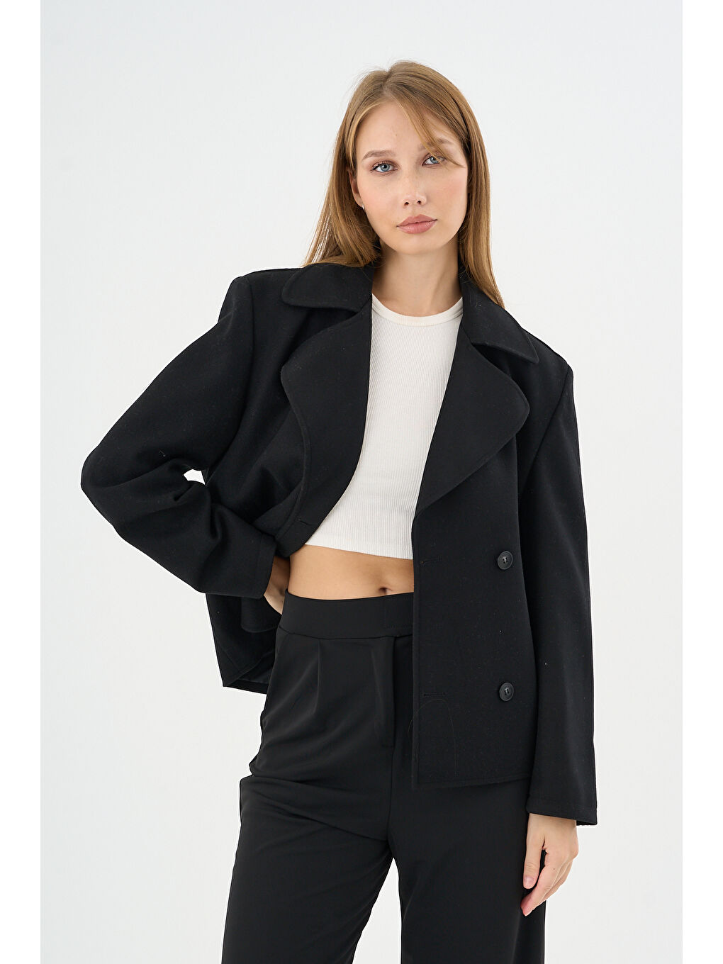 Kadın Oversize Kruvaze Kaşe Mont Ceket Siyah-2