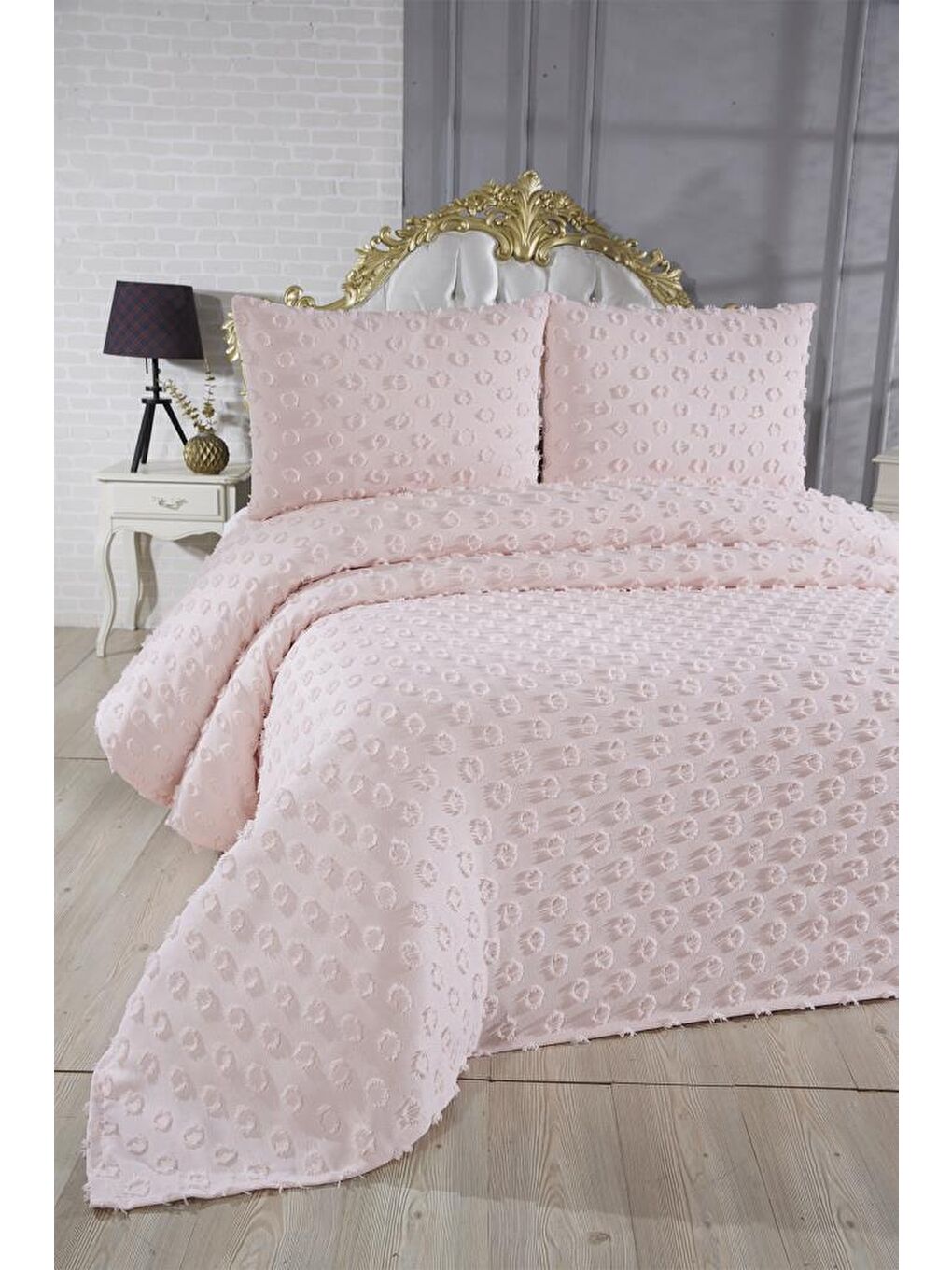 Pembe Konik 3 Parça Çift Kişilik Pike Takımı Pudra-1