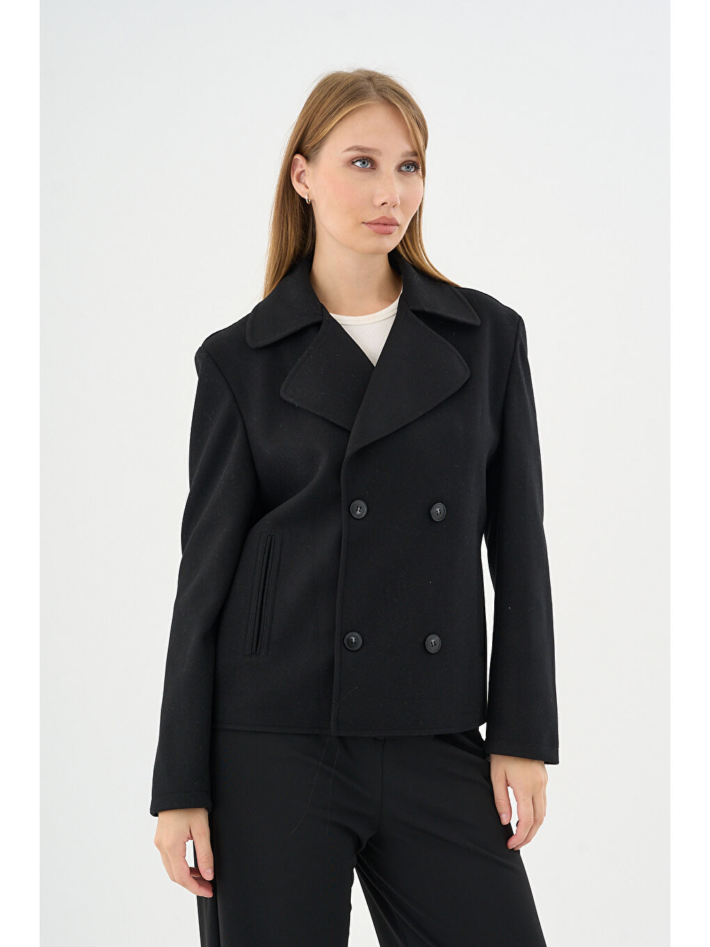 Kadın Oversize Kruvaze Kaşe Mont Ceket Siyah-3