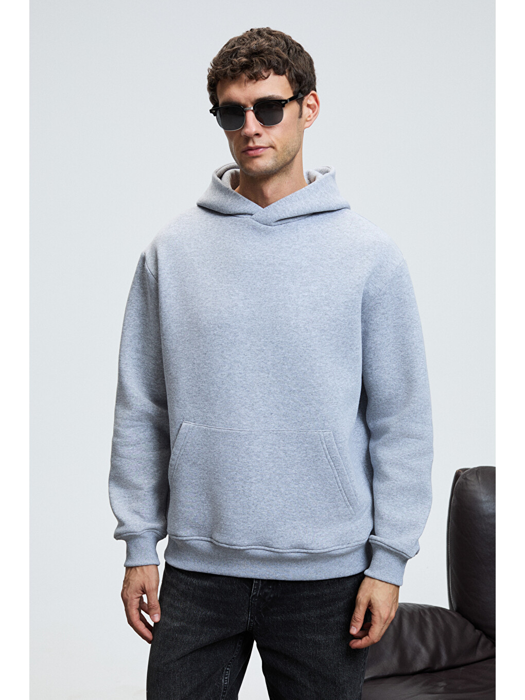 Amos Erkek Yumuşak Kumaşlı 3 İplik Oversize Kapüşonlu Kanguru Cepli Gri Melanj Sweatshirt-2