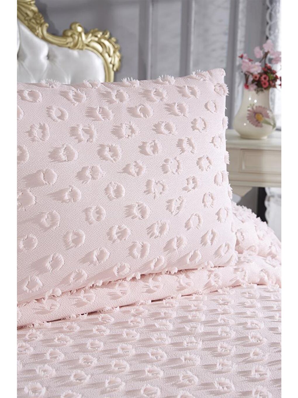 Pembe Konik 3 Parça Çift Kişilik Pike Takımı Pudra-3