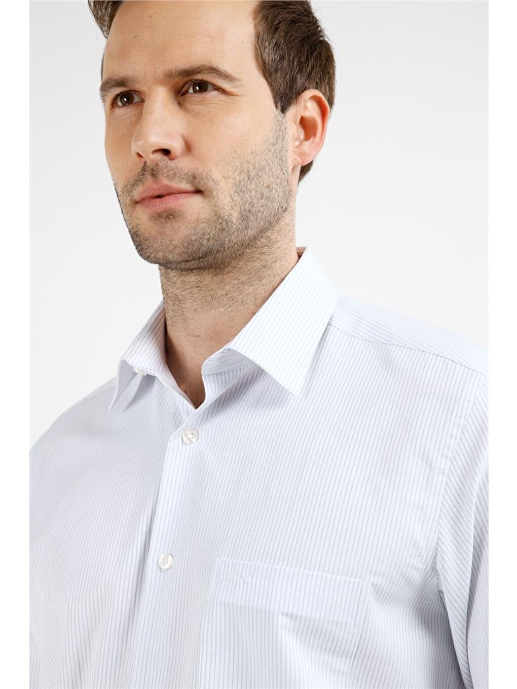 Beyaz - Mavi Çizgili Desen Sert Yaka Uzun Kol Cepli Comfort Fit Pamuklu Gömlek 1004255278-3