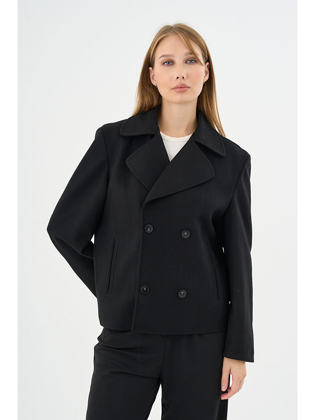 Kadın Oversize Kruvaze Kaşe Mont Ceket Siyah-4