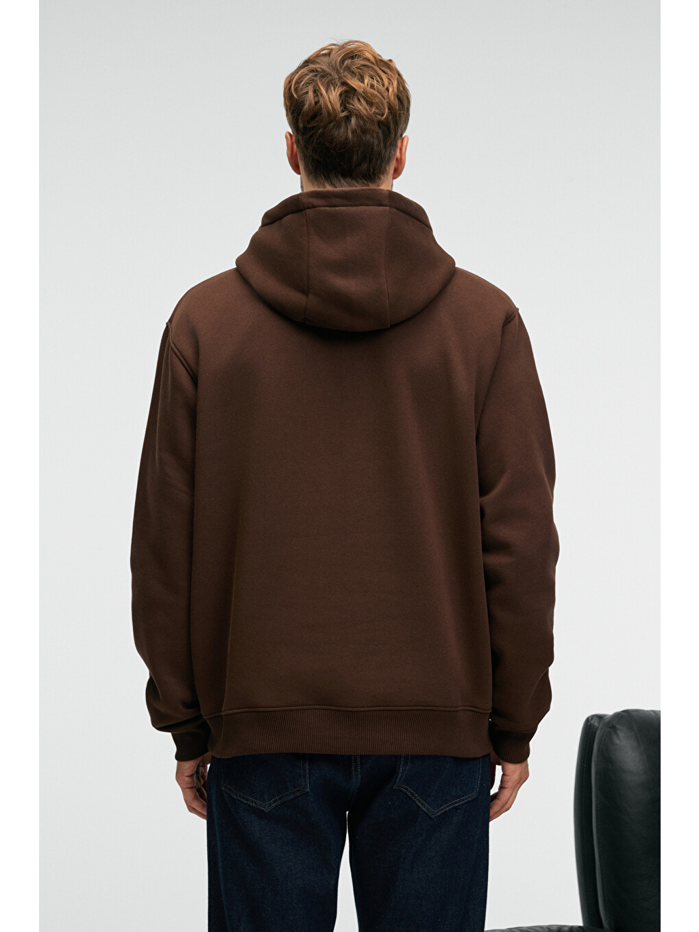 Kahverengi Amos Erkek Yumuşak Kumaşlı 3 İplik Oversize Kapüşonlu Kanguru Cepli Acı Kahve Sweatshirt-5