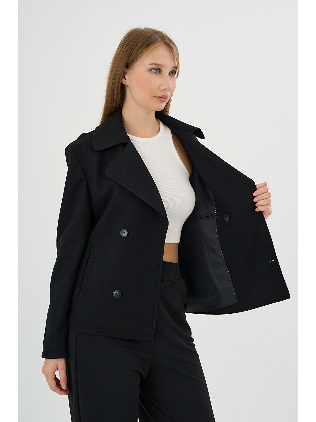 Kadın Oversize Kruvaze Kaşe Mont Ceket Siyah-5