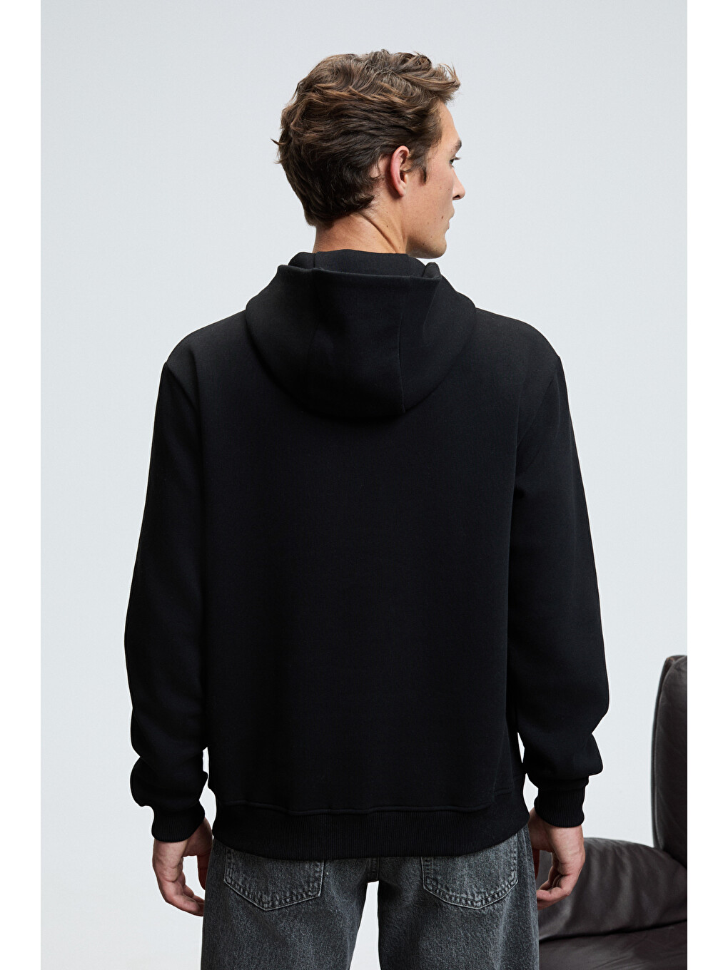Amos Erkek Yumuşak Kumaşlı 3 İplik Oversize Kapüşonlu Kanguru Cepli Siyah Sweatshirt-5