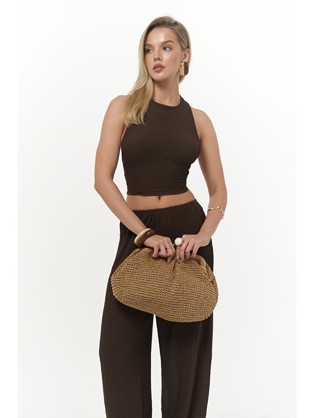 Kahverengi Ayshe Bağlamalı Kahve Crop Pantolon Takım-1