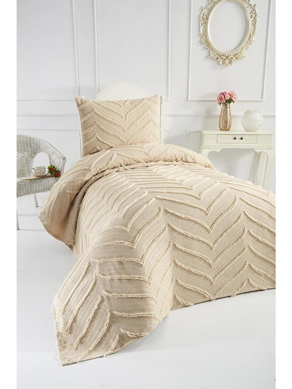 Sementina 2 Parça Tek Kişilik Pike Takımı Bej-1