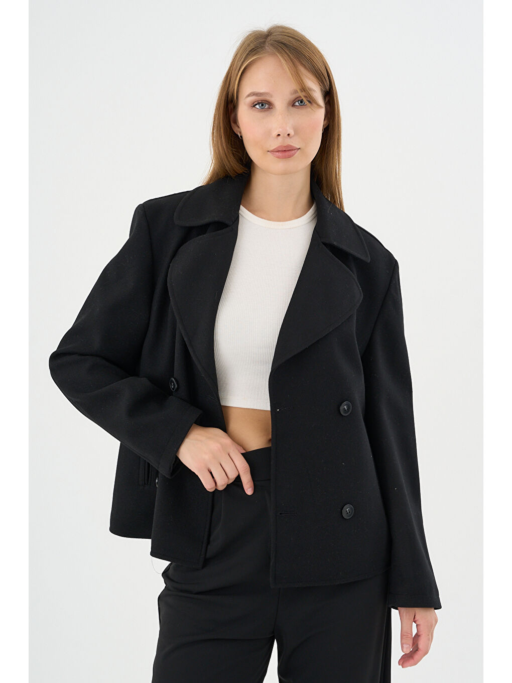 Kadın Oversize Kruvaze Kaşe Mont Ceket Siyah-6