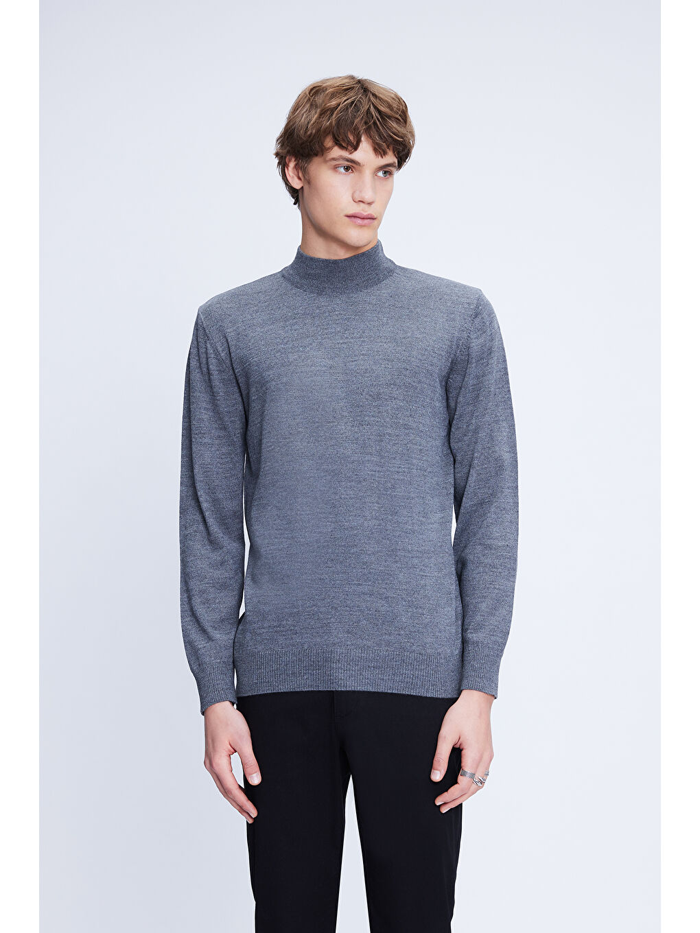 Gri Regular Fit Düz Yarım Balıkçı Yaka Yünlü Triko Kazak-2