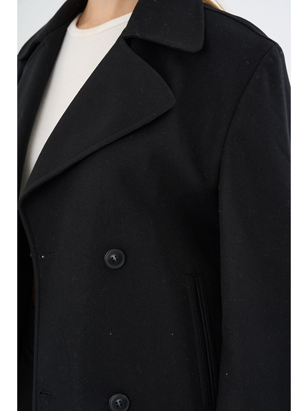 Kadın Oversize Kruvaze Kaşe Mont Ceket Siyah-7