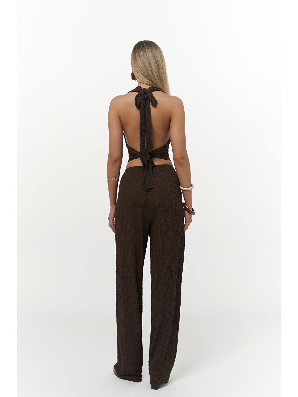 Kahverengi Ayshe Bağlamalı Kahve Crop Pantolon Takım-4