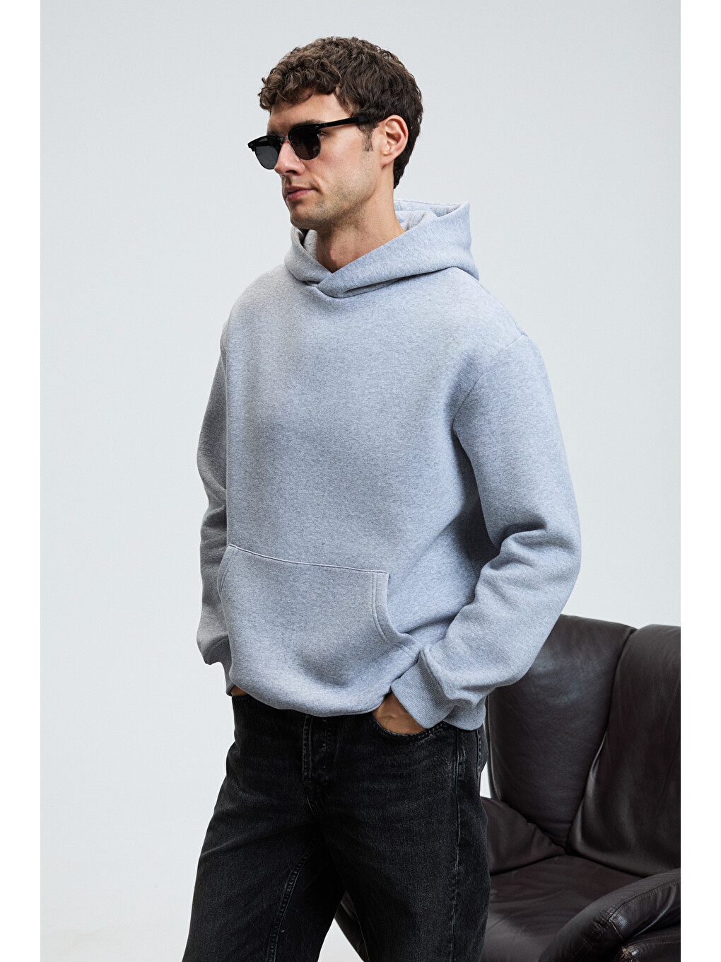 Amos Erkek Yumuşak Kumaşlı 3 İplik Oversize Kapüşonlu Kanguru Cepli Gri Melanj Sweatshirt-3
