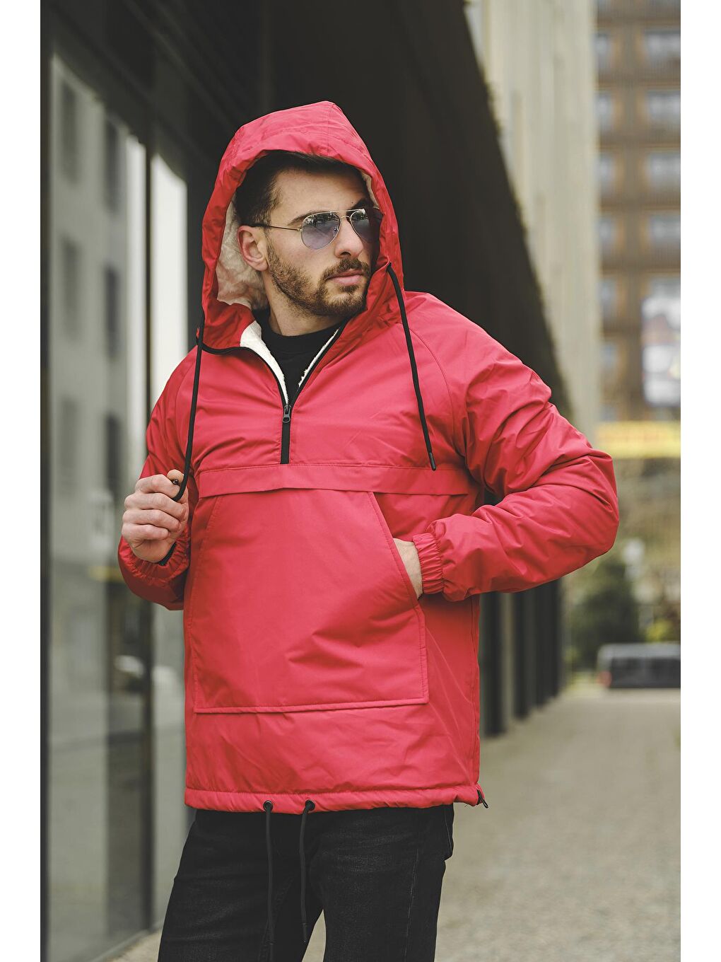 Kırmızı Kai Dar Kesim Kürklü Suya Dayanıklı Kanguru Mont