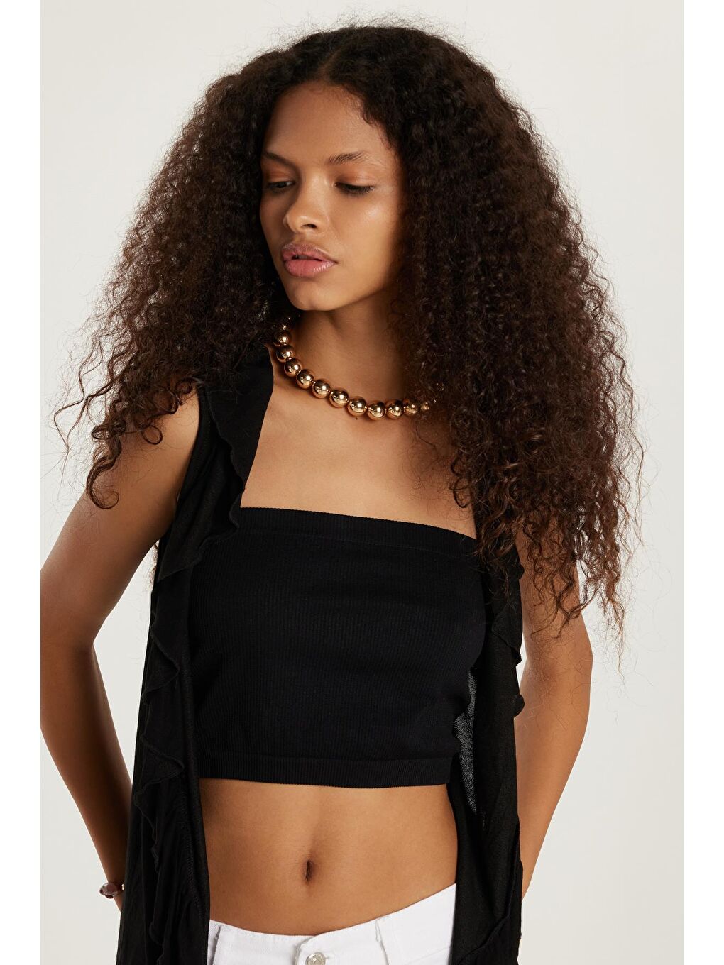 Kadın Slim Fit Dar Kesim Sıfır Kollu V Yaka Siyah Hırka-1