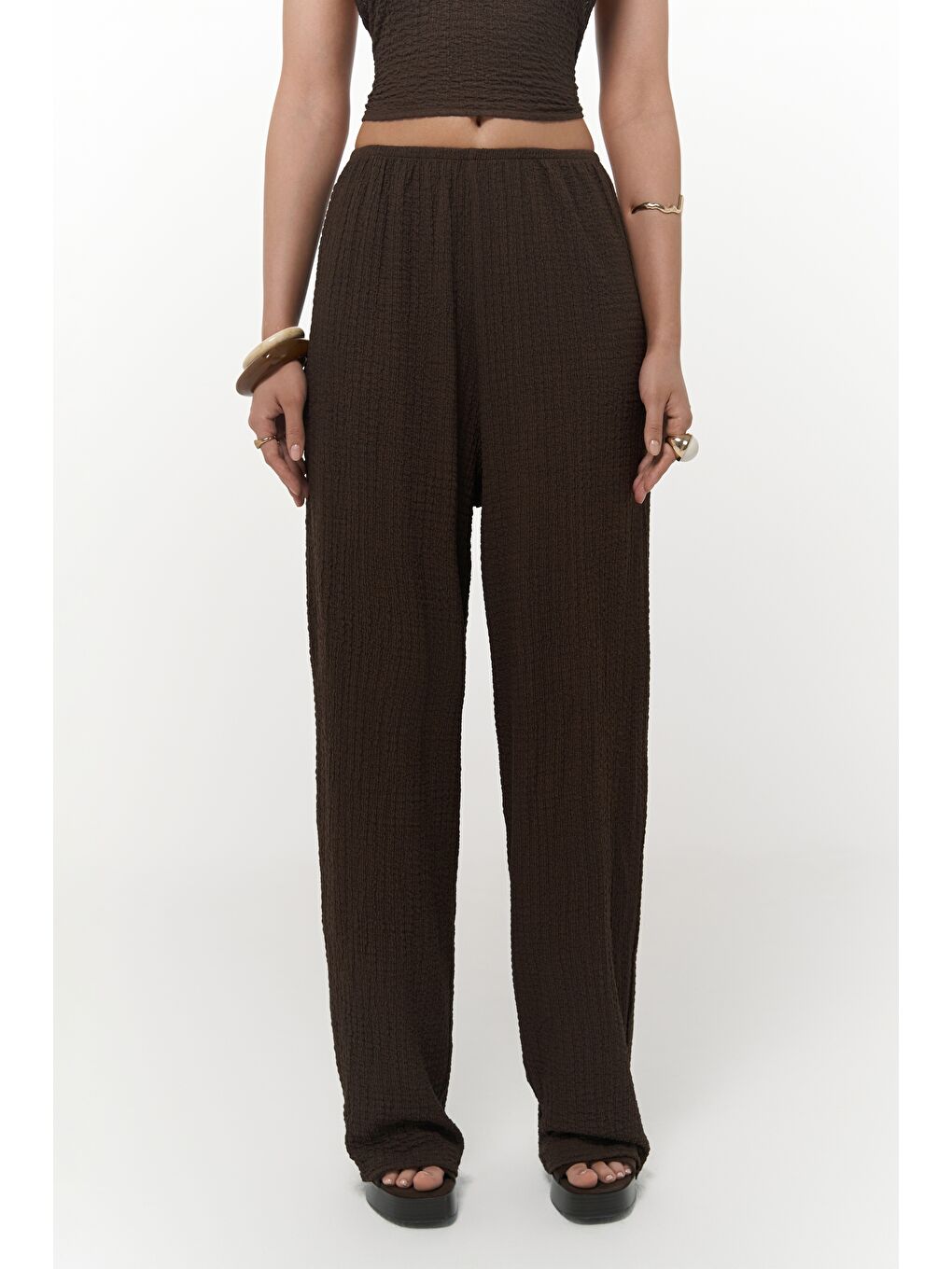 Kahverengi Ayshe Bağlamalı Kahve Crop Pantolon Takım-6