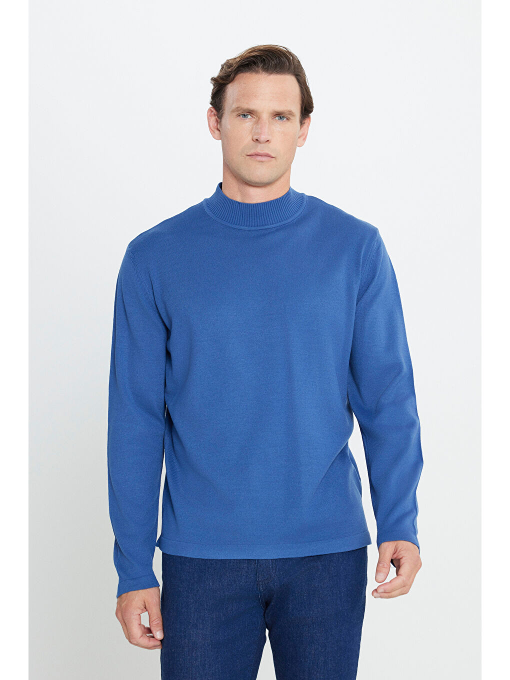 Erkek İndigo Tüylenme Yapmayan Anti-Pilling Standart Fit Yarım Balıkçı Yaka Triko Kazak