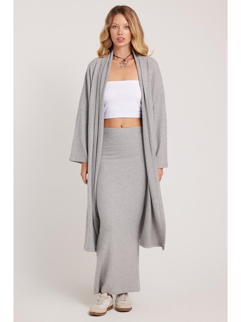 Kadın Relax Fit Rahat Kesim Uzun Triko Gri Hırka