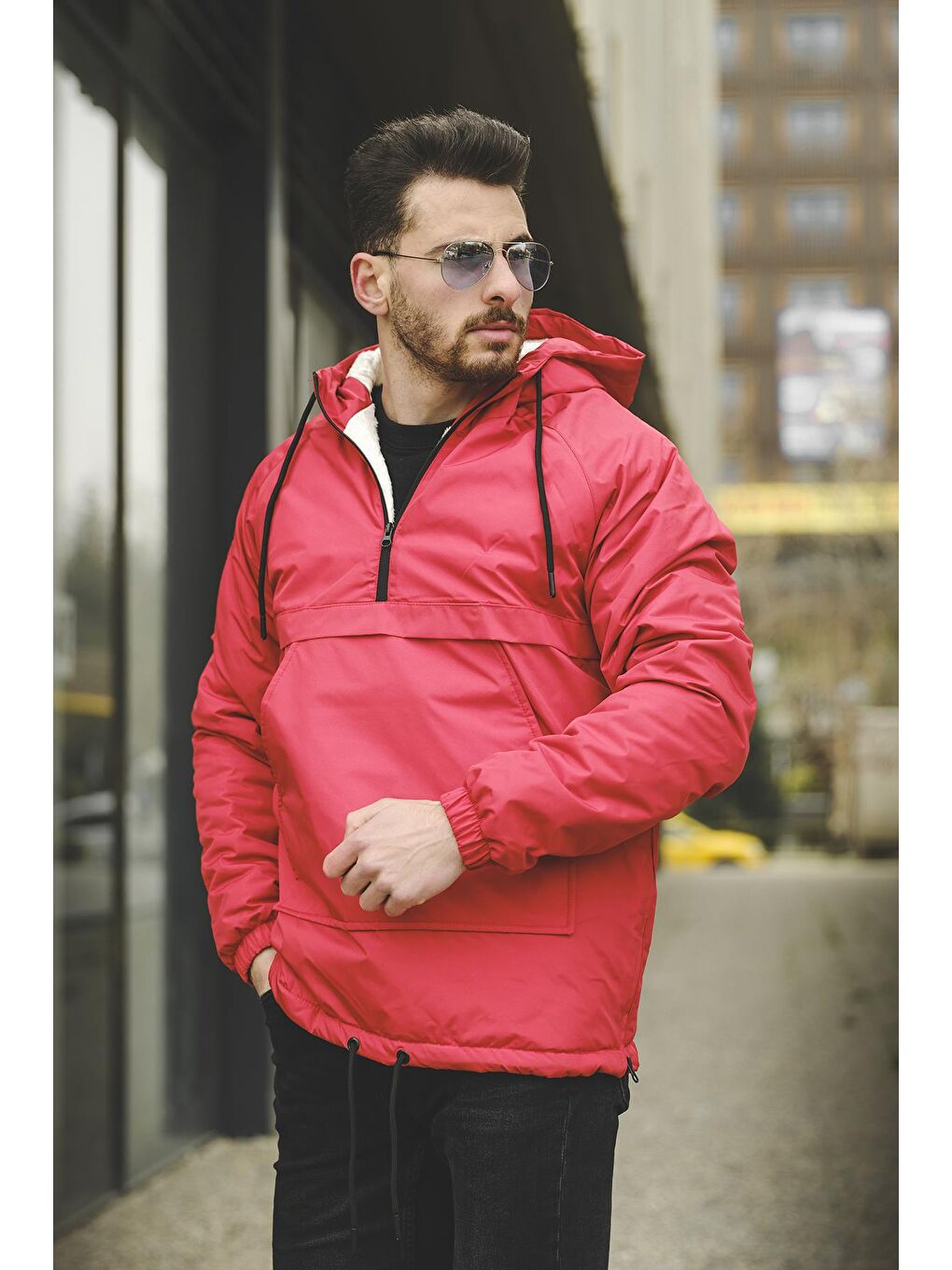 Kırmızı Kai Dar Kesim Kürklü Suya Dayanıklı Kanguru Mont-1