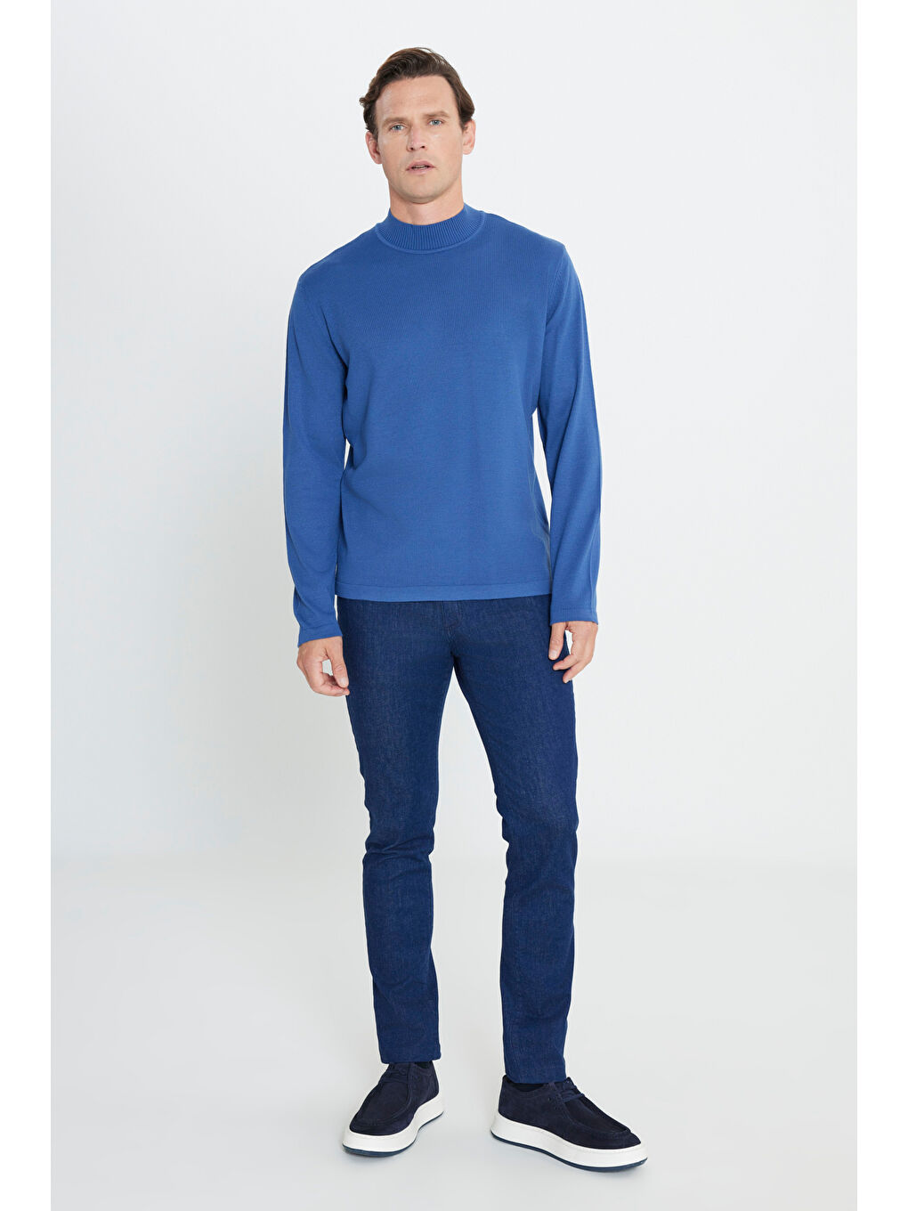 Erkek İndigo Tüylenme Yapmayan Anti-Pilling Standart Fit Yarım Balıkçı Yaka Triko Kazak-1