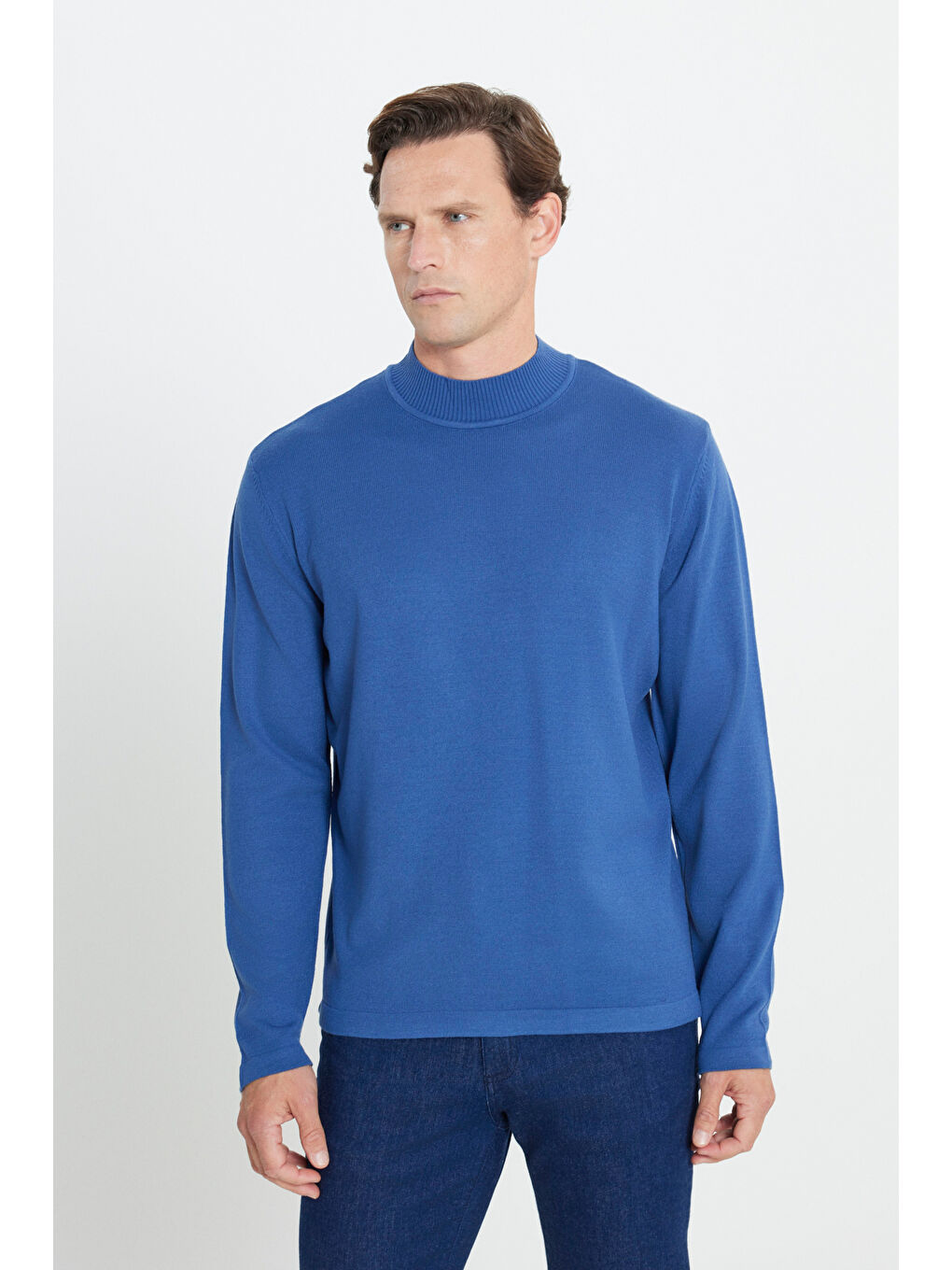 Erkek İndigo Tüylenme Yapmayan Anti-Pilling Standart Fit Yarım Balıkçı Yaka Triko Kazak-2