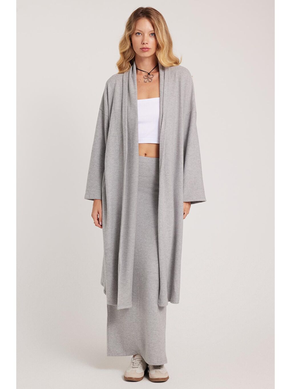 Kadın Relax Fit Rahat Kesim Uzun Triko Gri Hırka-3