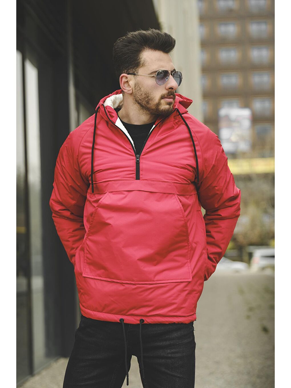 Kırmızı Kai Dar Kesim Kürklü Suya Dayanıklı Kanguru Mont-2