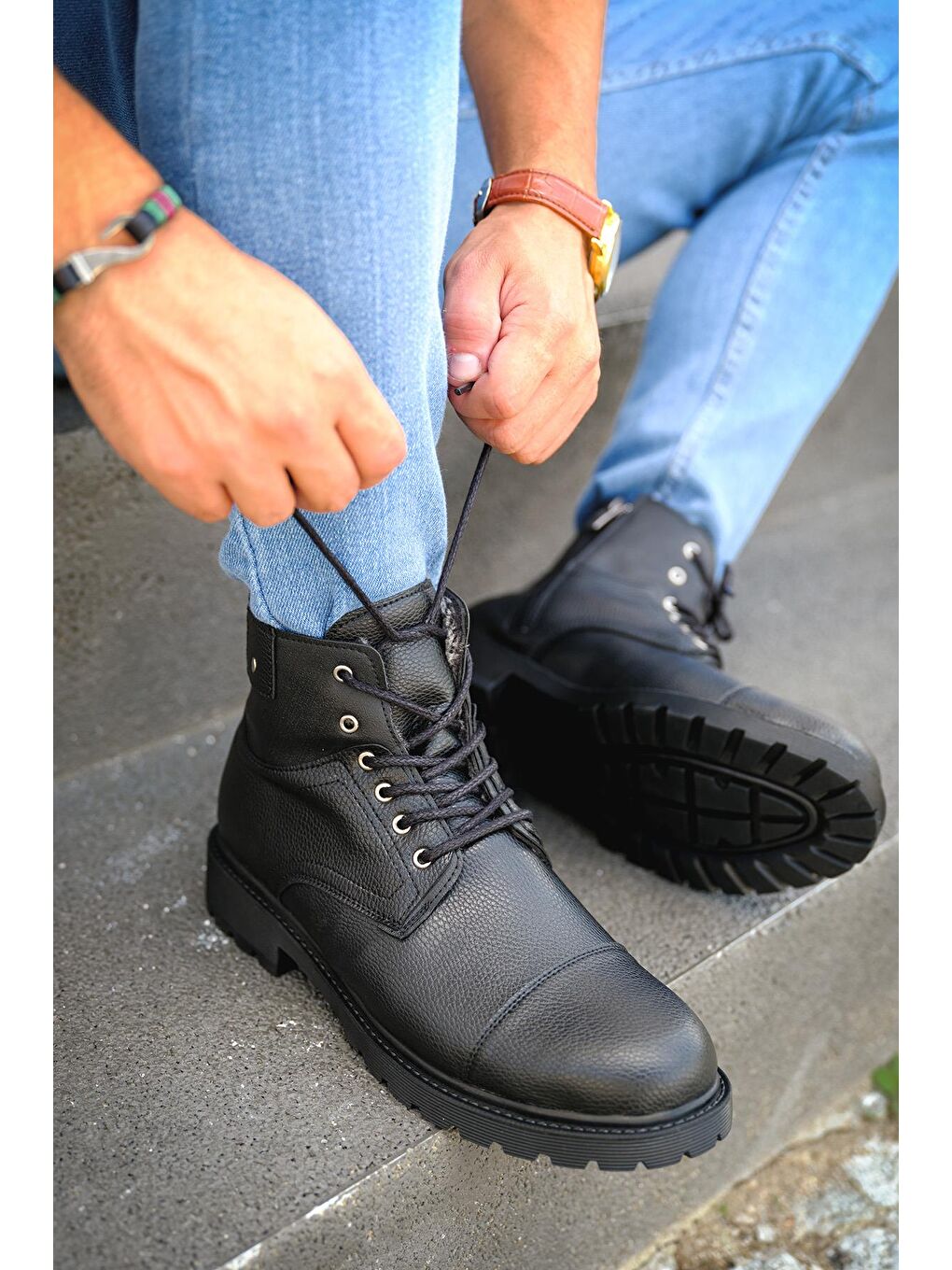 Siyah Ricca Fermuarlı Bağcıklı İçi Kürklü Erkek Bot