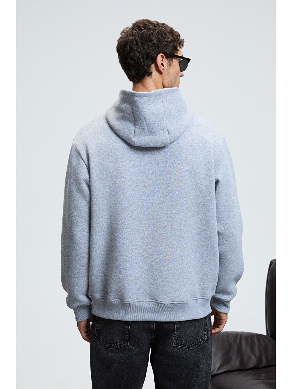 Amos Erkek Yumuşak Kumaşlı 3 İplik Oversize Kapüşonlu Kanguru Cepli Gri Melanj Sweatshirt-4