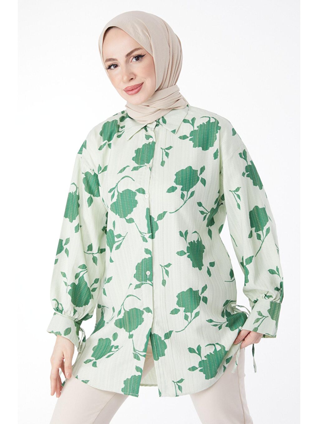 Gömlek Yaka Kadın Yeşil Desenli Gömlek - 24971