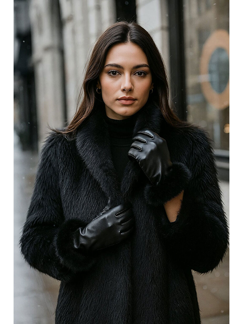 Kadın Kürk Detaylı Suni Deri Eldiven 010193 - Siyah