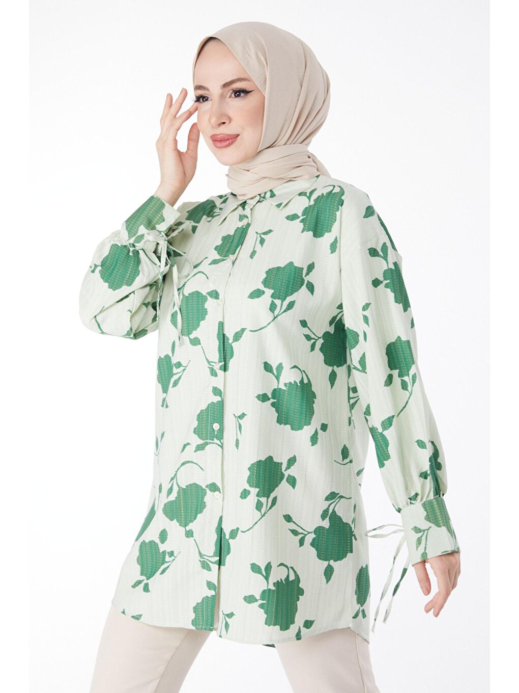 Gömlek Yaka Kadın Yeşil Desenli Gömlek - 24971-1