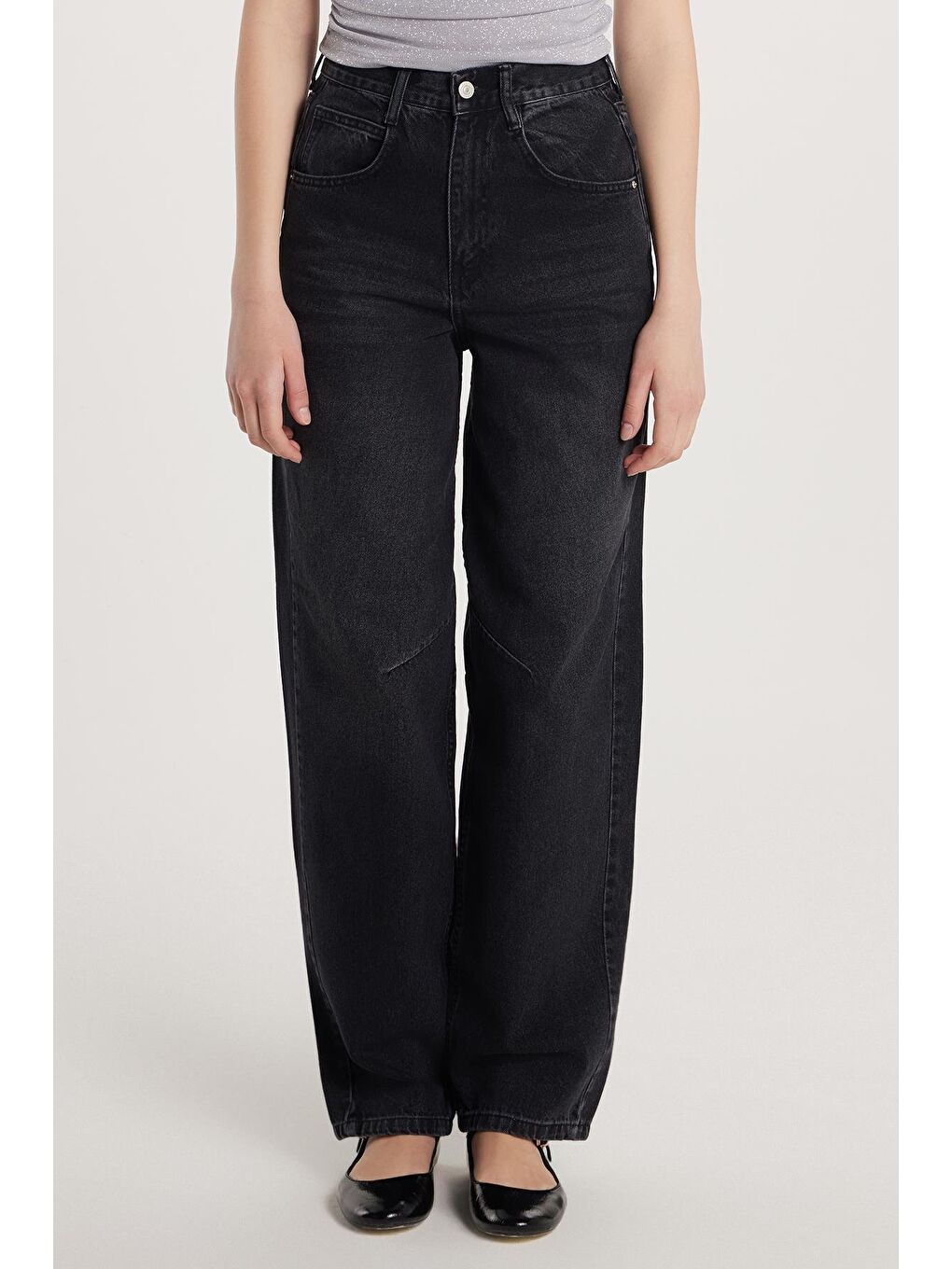 Gri Kadın Regular Fit Tokalı Geniş Paça Baggy Jean Jean Füme Pantolon