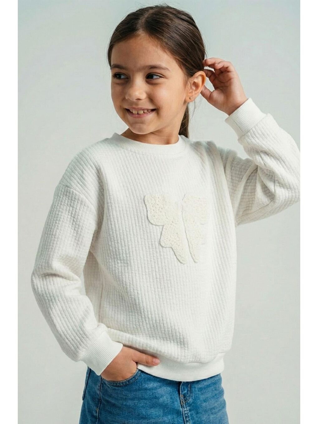 Kız Çocuk Sweatshirt Örgü Aplike Fiyonk Armalı Ekru (5-9 Yaş)