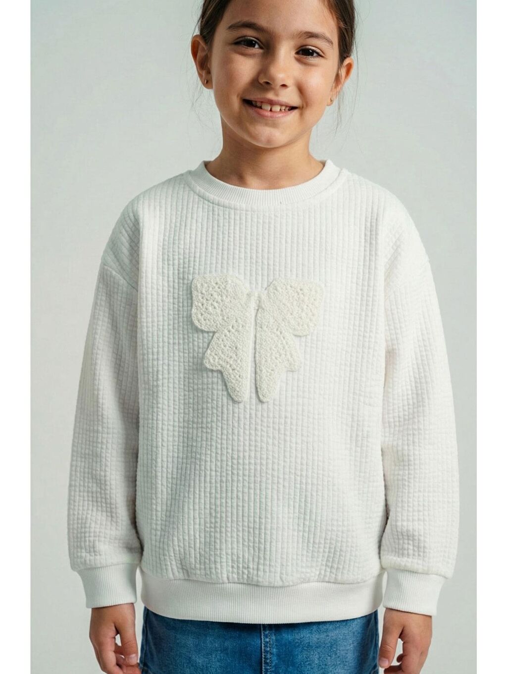 Kız Çocuk Sweatshirt Örgü Aplike Fiyonk Armalı Ekru (5-9 Yaş)-1