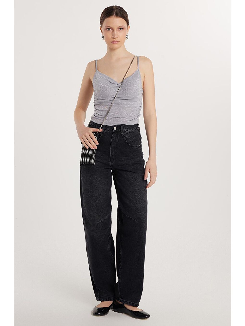 Gri Kadın Regular Fit Tokalı Geniş Paça Baggy Jean Jean Füme Pantolon-2