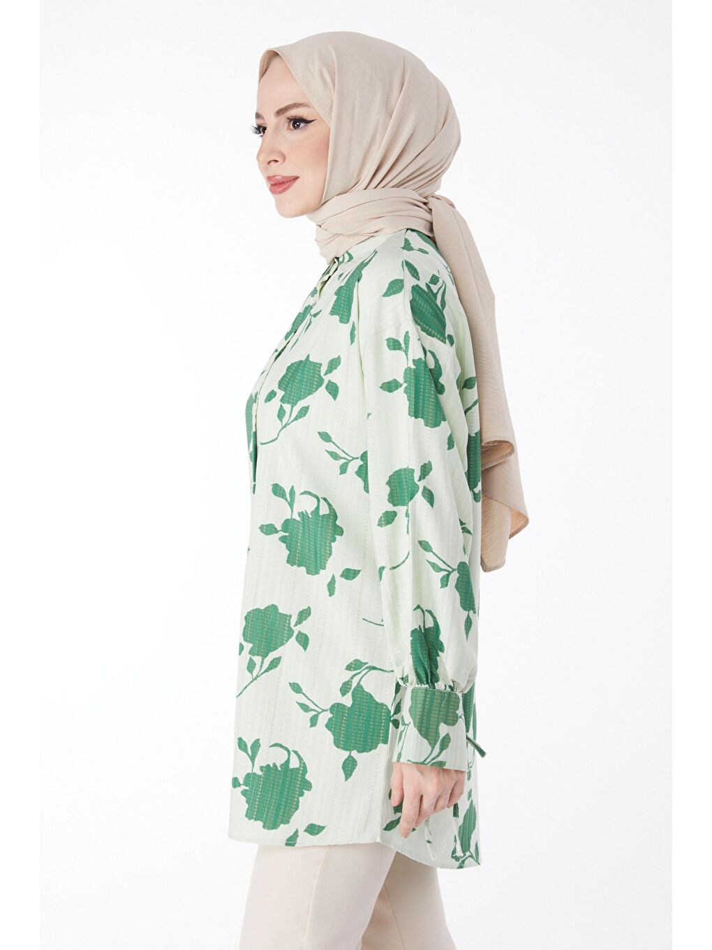 Gömlek Yaka Kadın Yeşil Desenli Gömlek - 24971-2