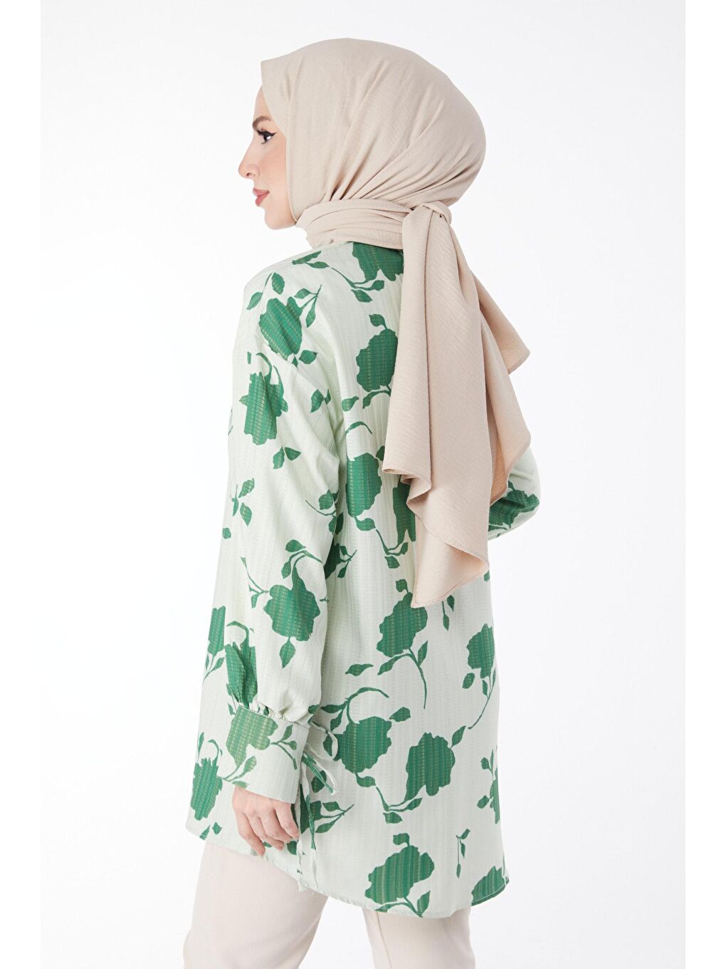 Gömlek Yaka Kadın Yeşil Desenli Gömlek - 24971-3