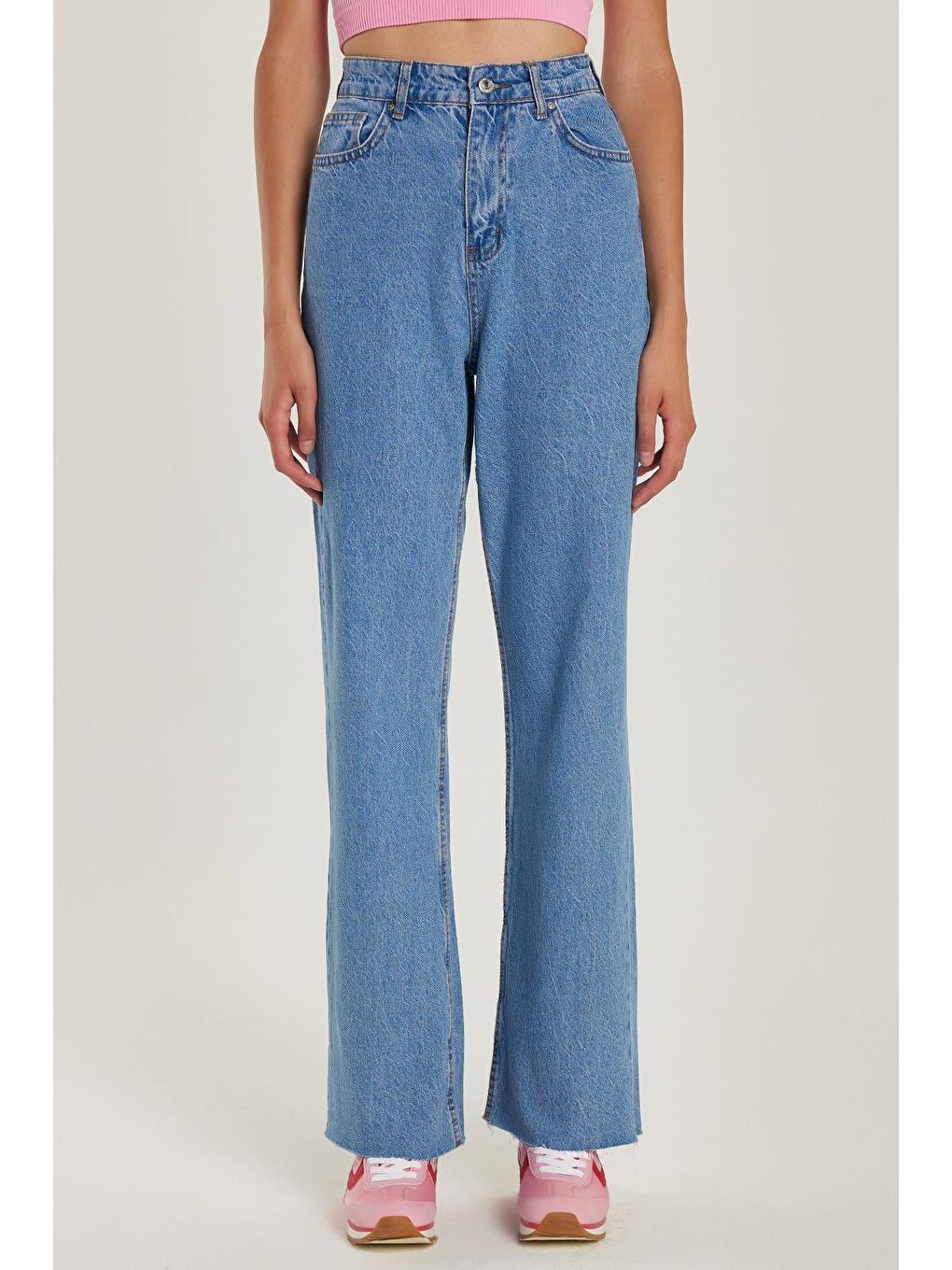 Kadın Regular Fit Cepli Geniş Paça Mavi Jean Jean Pantolon