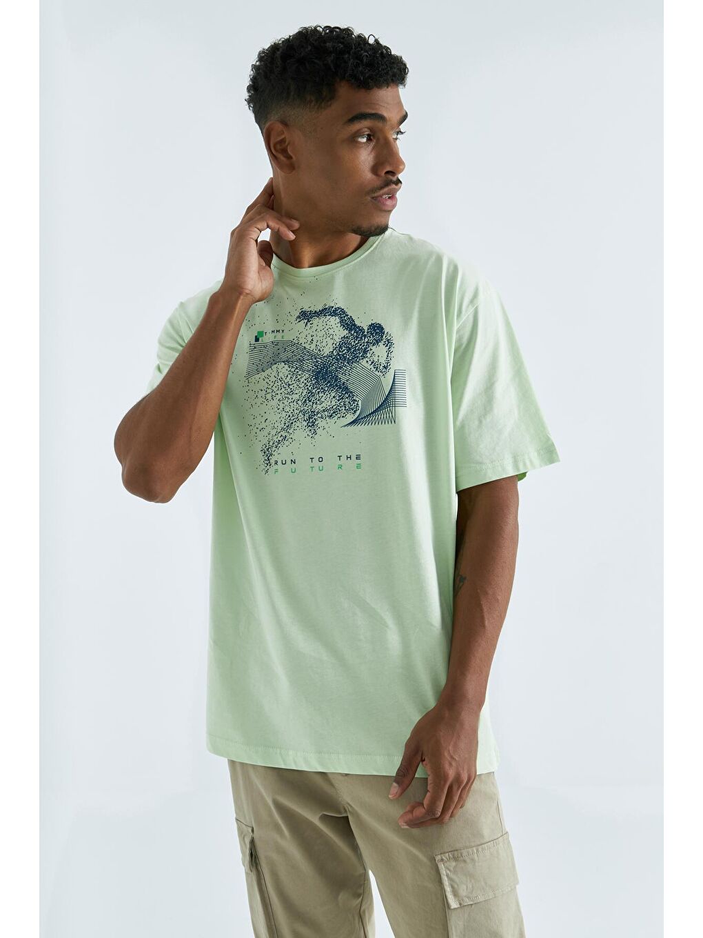 Açık Yeşil Baskı Detaylı O Yaka Erkek Oversize Tişört  - 88093